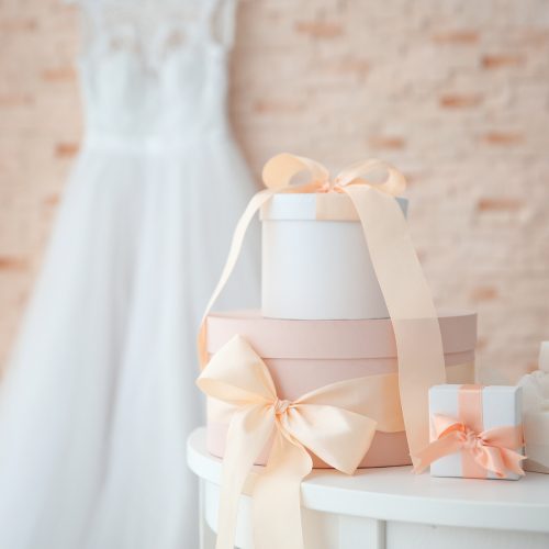 Table with gift boxes for wedding day